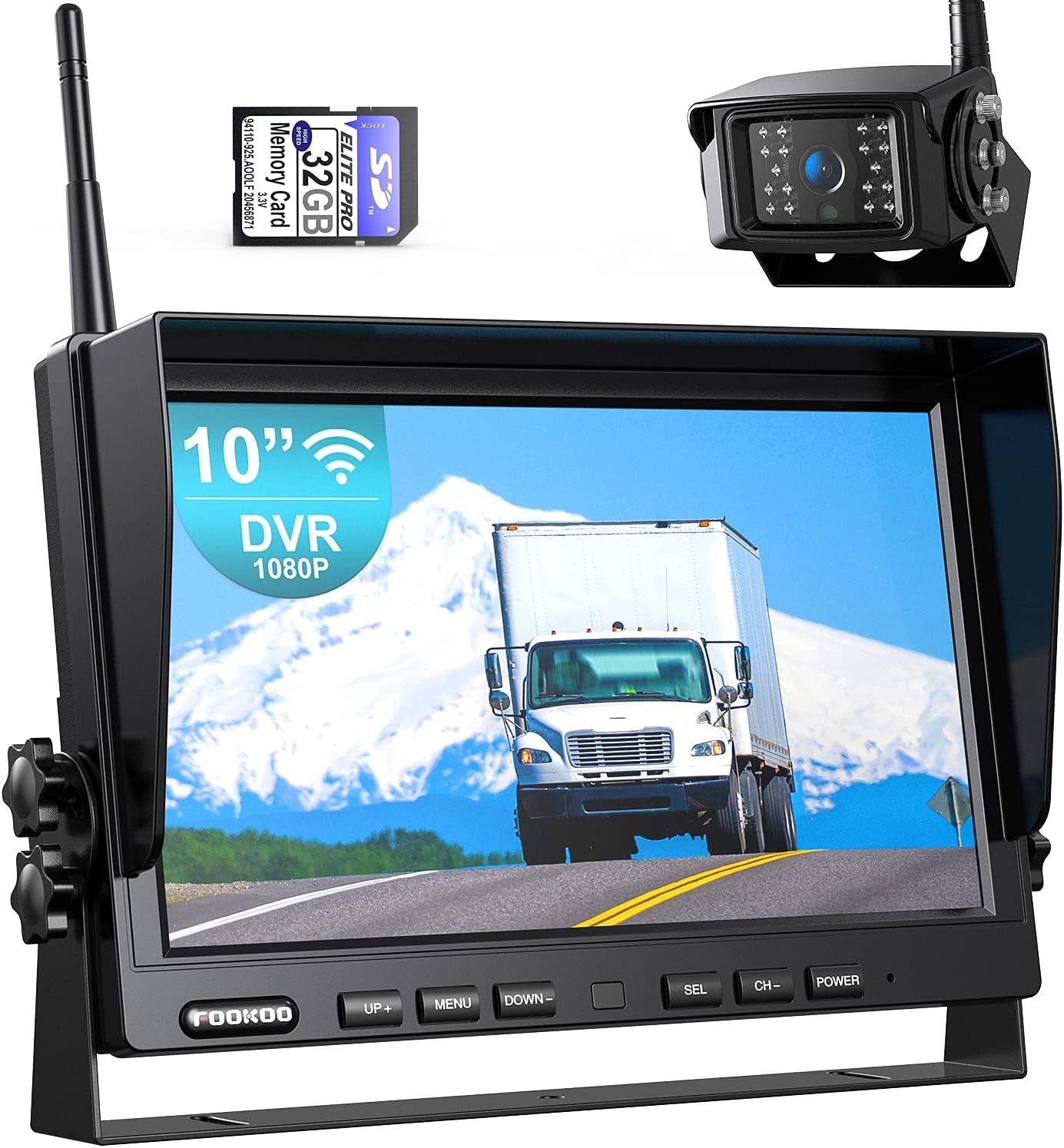 HD 1080P 10" Wireless Backup Camera, 10 - Inch Dual/Quad Split Monitor, Supports 4 Cameras, IP69 Waterproof Rear View Camera Parking Lines, Recording W/ 32GB SD Card for Rv/Trailer/Truck (DW101) - Techlyn