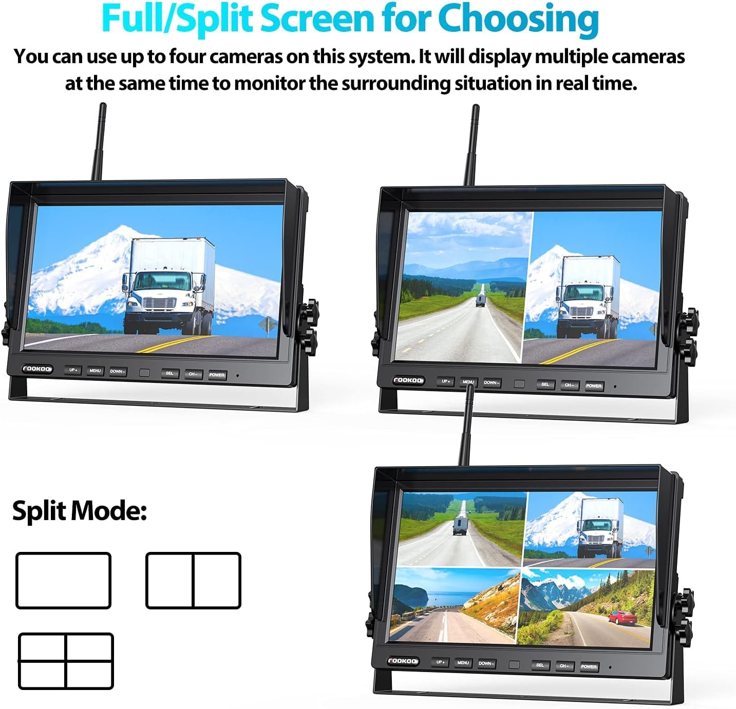 HD 1080P 10" Wireless Backup Camera, 10 - Inch Dual/Quad Split Monitor, Supports 4 Cameras, IP69 Waterproof Rear View Camera Parking Lines, Recording W/ 32GB SD Card for Rv/Trailer/Truck (DW101) - Techlyn