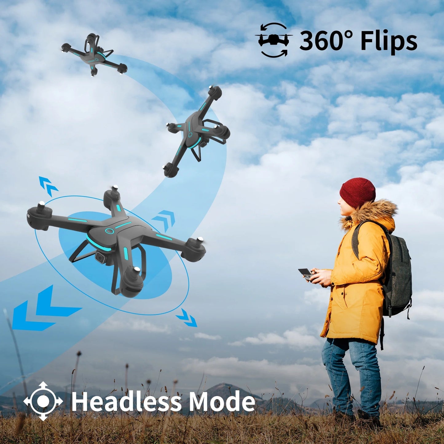 JY03 Drone with 1080P HD Camera for Adults and Kids, FPV RC Quadcopter with LED Lights and Optical Flow Sensor, 2 Batteries, Black - Techlyn