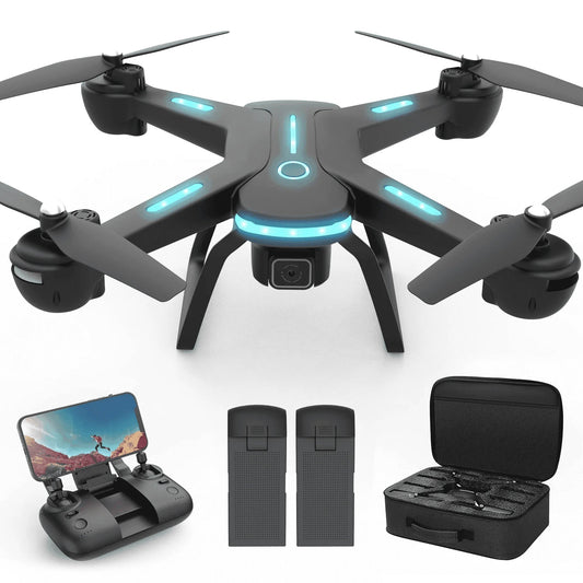 JY03 Drone with 1080P HD Camera for Adults and Kids, FPV RC Quadcopter with LED Lights and Optical Flow Sensor, 2 Batteries, Black - Techlyn