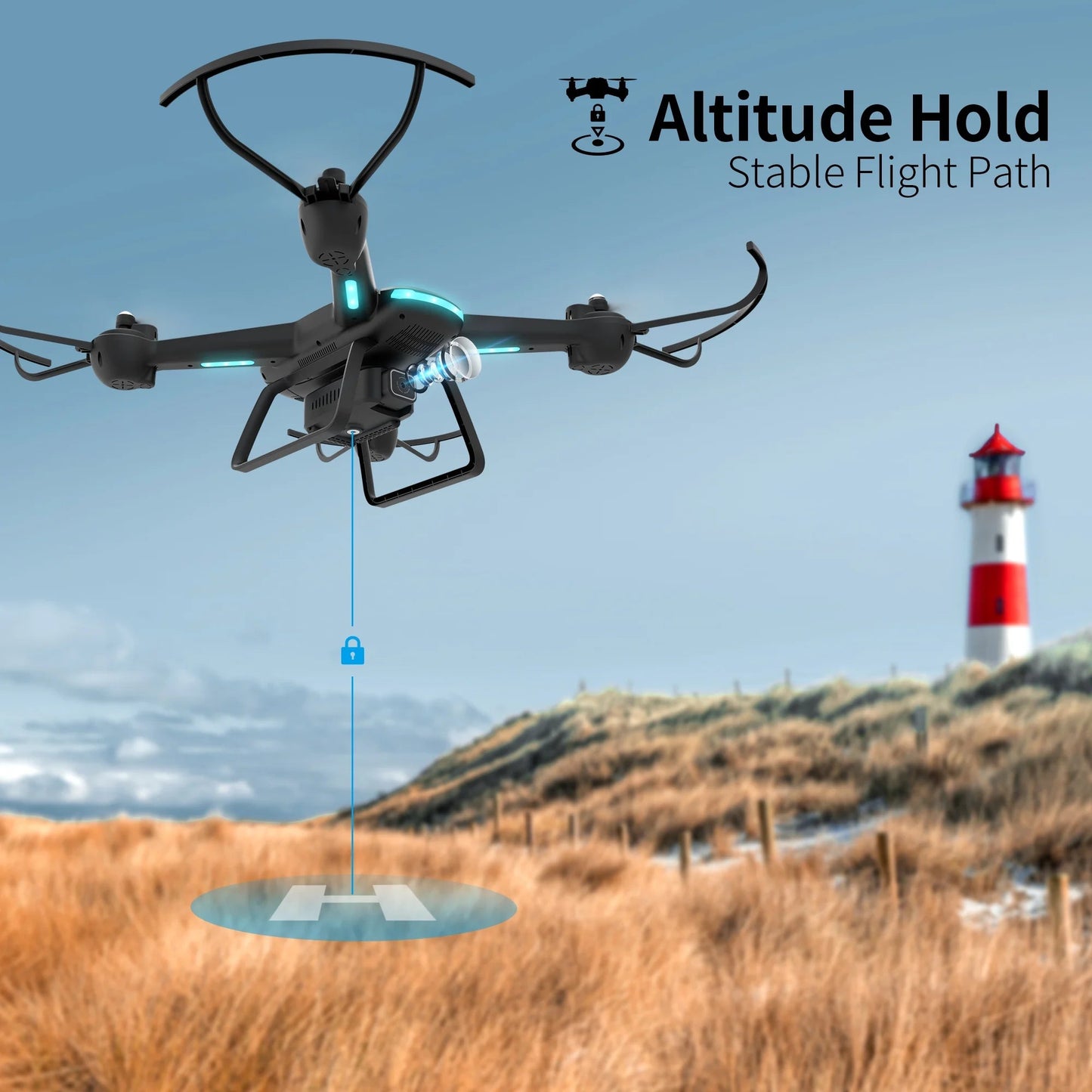 JY03 Drone with 1080P HD Camera for Adults and Kids, FPV RC Quadcopter with LED Lights and Optical Flow Sensor, 2 Batteries, Black - Techlyn