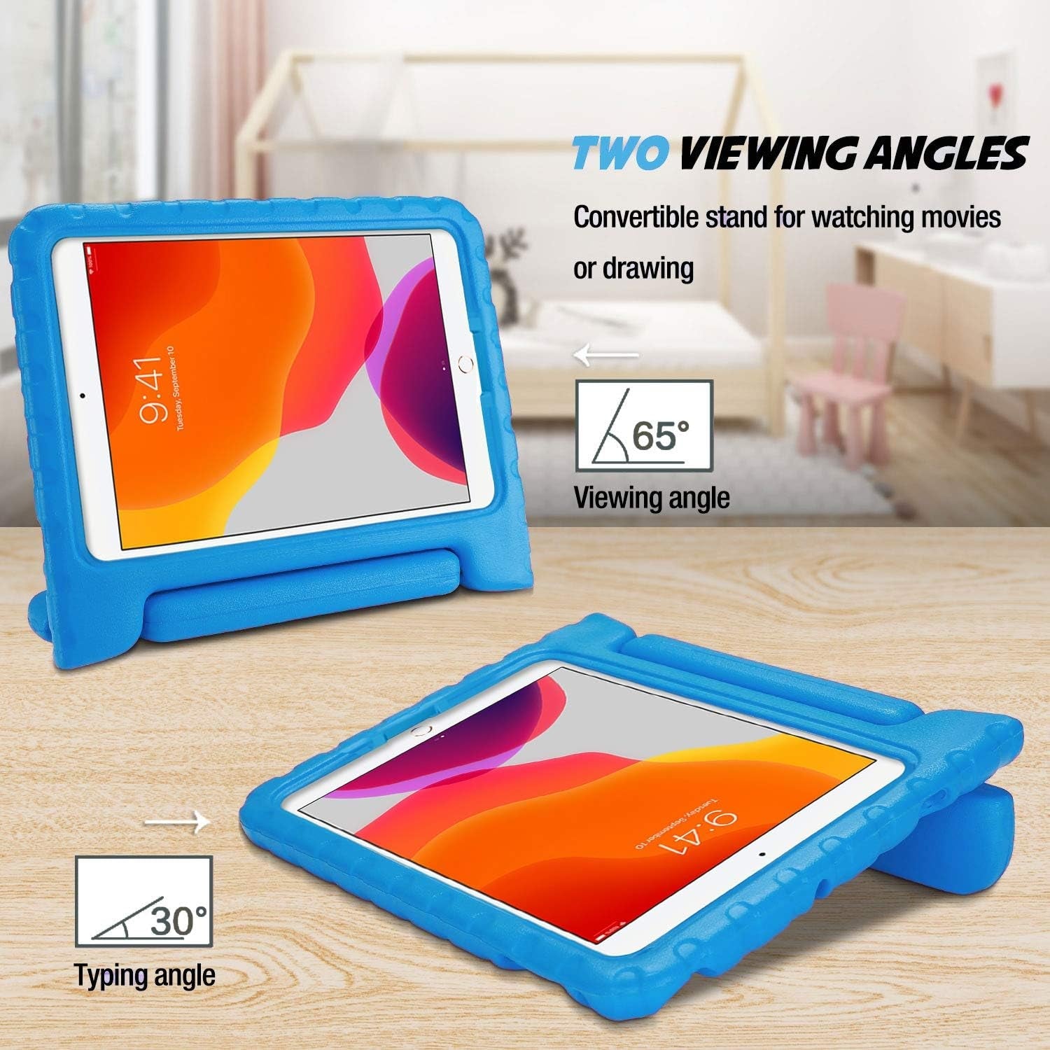 Kids Case for Ipad 9Th Generation/Ipad 8/Ipad 7, Ipad 10.2 Case 2021 2020 2019/Ipad Air 10.5/Ipad Pro 10.5 Kids Case, Shockproof Lightweight Case with Convertible Handle - Blue - Techlyn