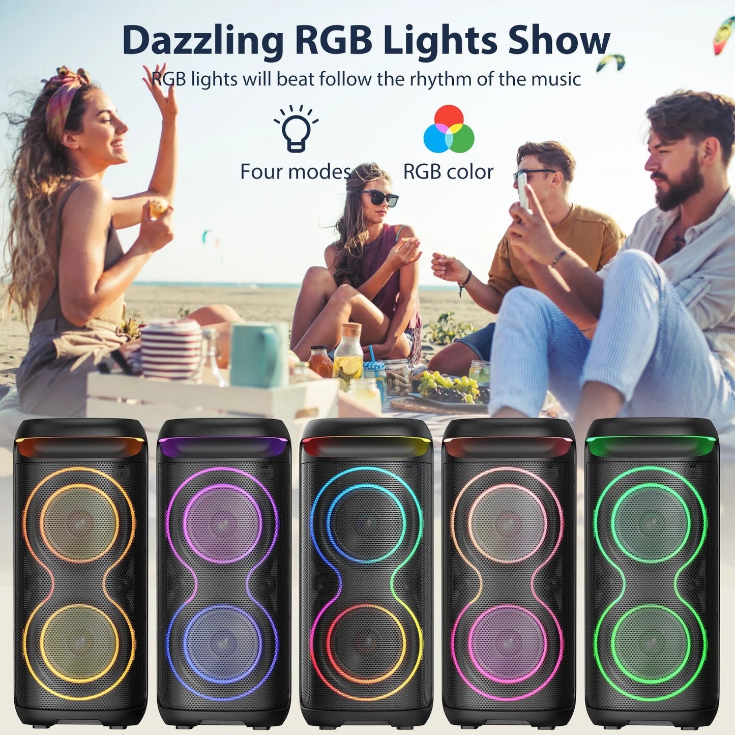 Large Party Speaker, Bluetooth Speaker with Dazzling Rgb Light, Two 6.5'' Subwoofer, T20 - Techlyn