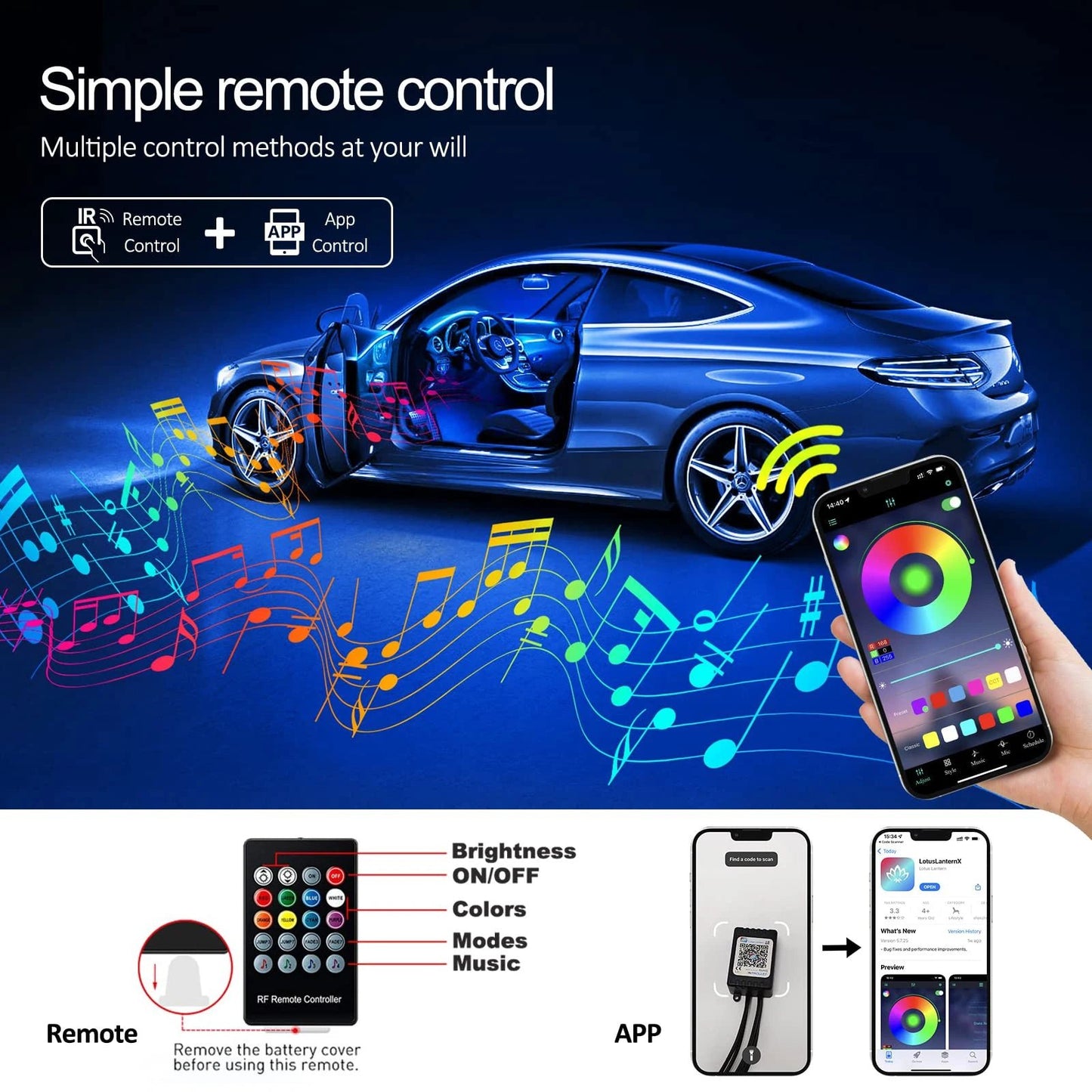 LED Car Interior Ambient Strip Lights RGB Fiber Optic Atmosphere Neon Lighting Kit W/ APP Remote Control Auto Decorative Lamps - Techlyn