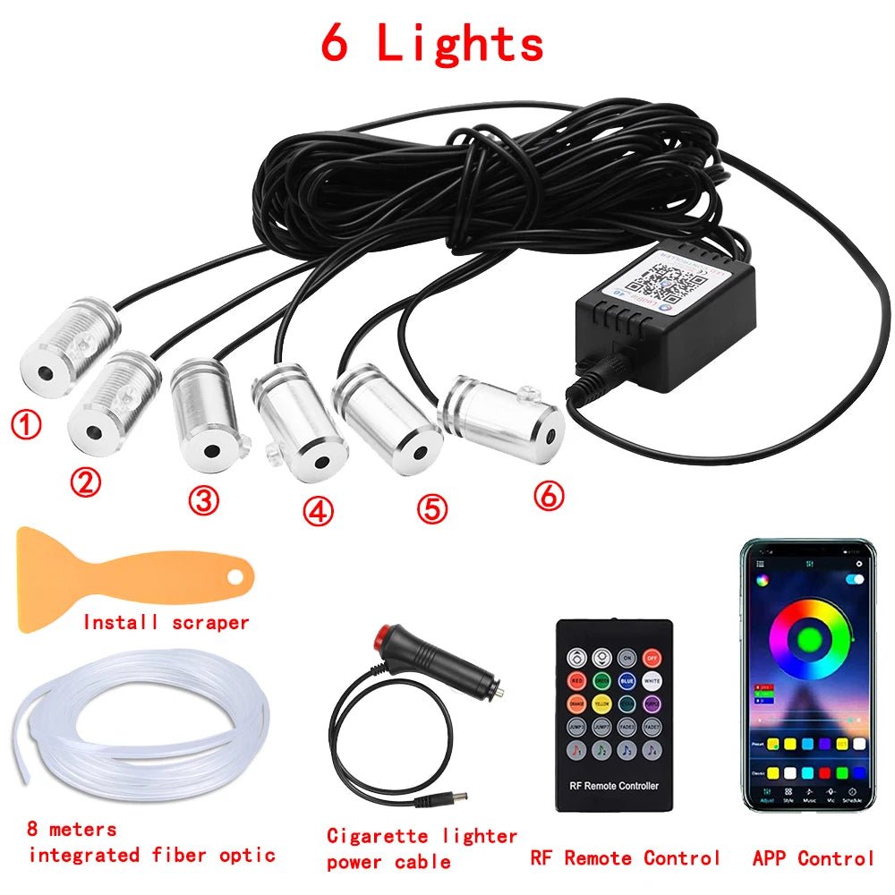 LED Car Interior Ambient Strip Lights RGB Fiber Optic Atmosphere Neon Lighting Kit W/ APP Remote Control Auto Decorative Lamps - Techlyn