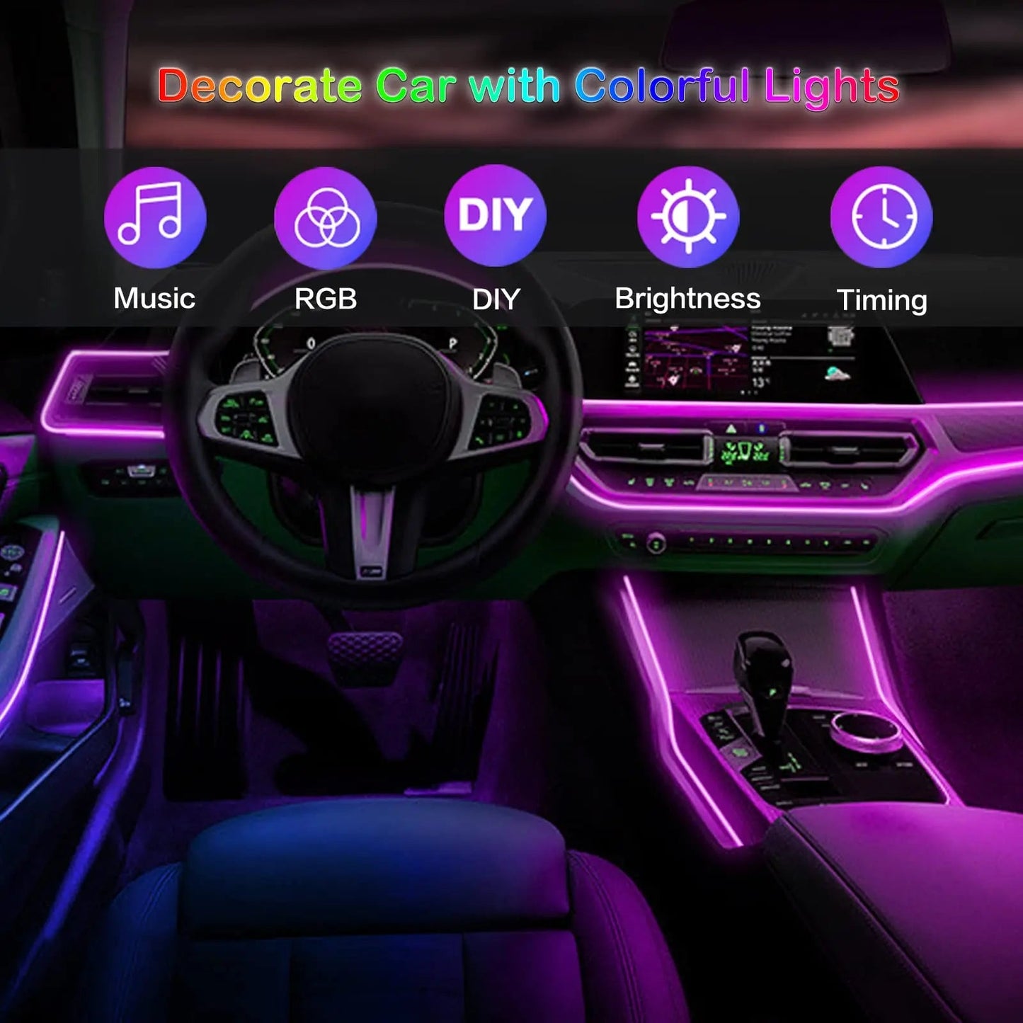 LED Car Interior Ambient Strip Lights RGB Fiber Optic Atmosphere Neon Lighting Kit W/ APP Remote Control Auto Decorative Lamps - Techlyn