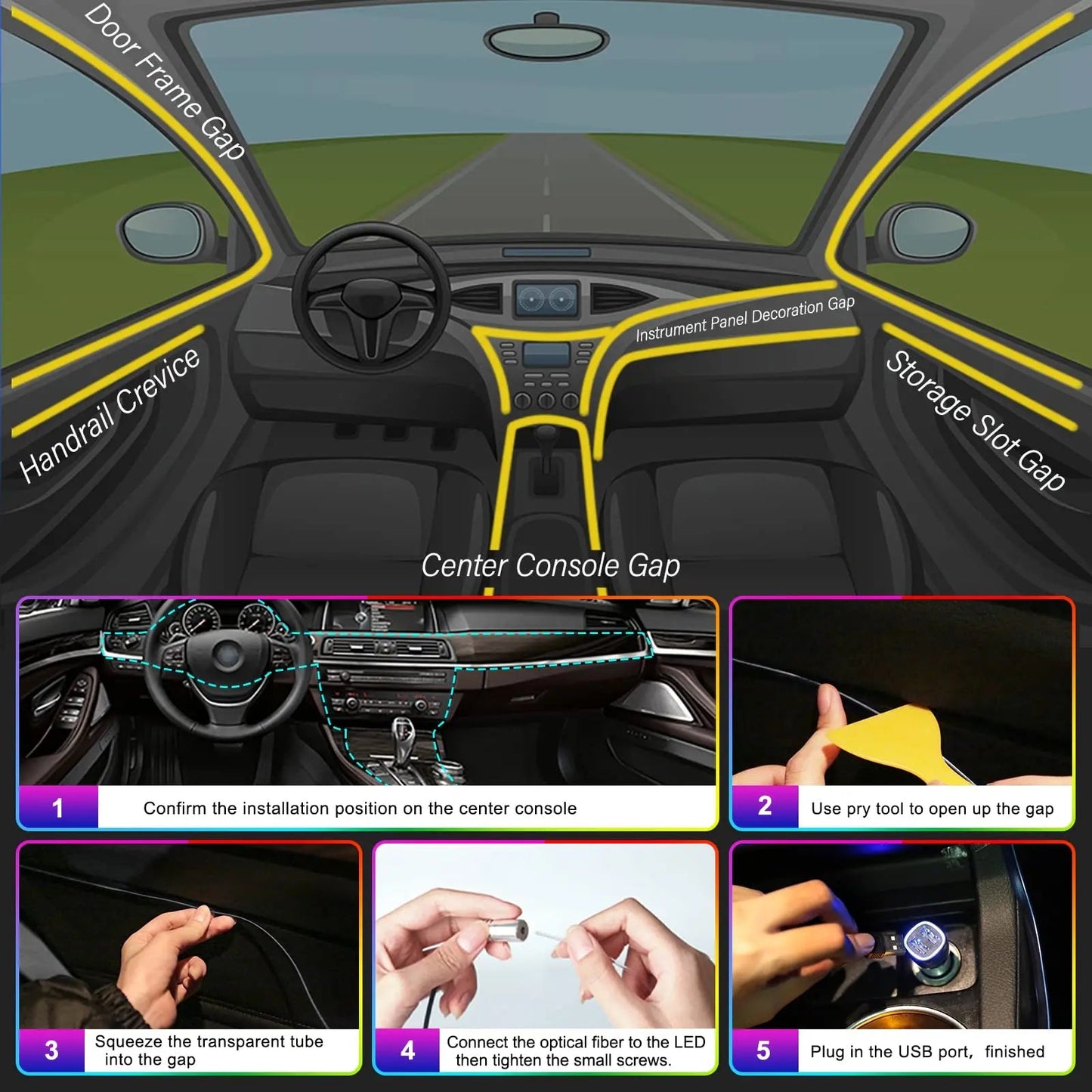 LED Car Interior Ambient Strip Lights RGB Fiber Optic Atmosphere Neon Lighting Kit W/ APP Remote Control Auto Decorative Lamps - Techlyn