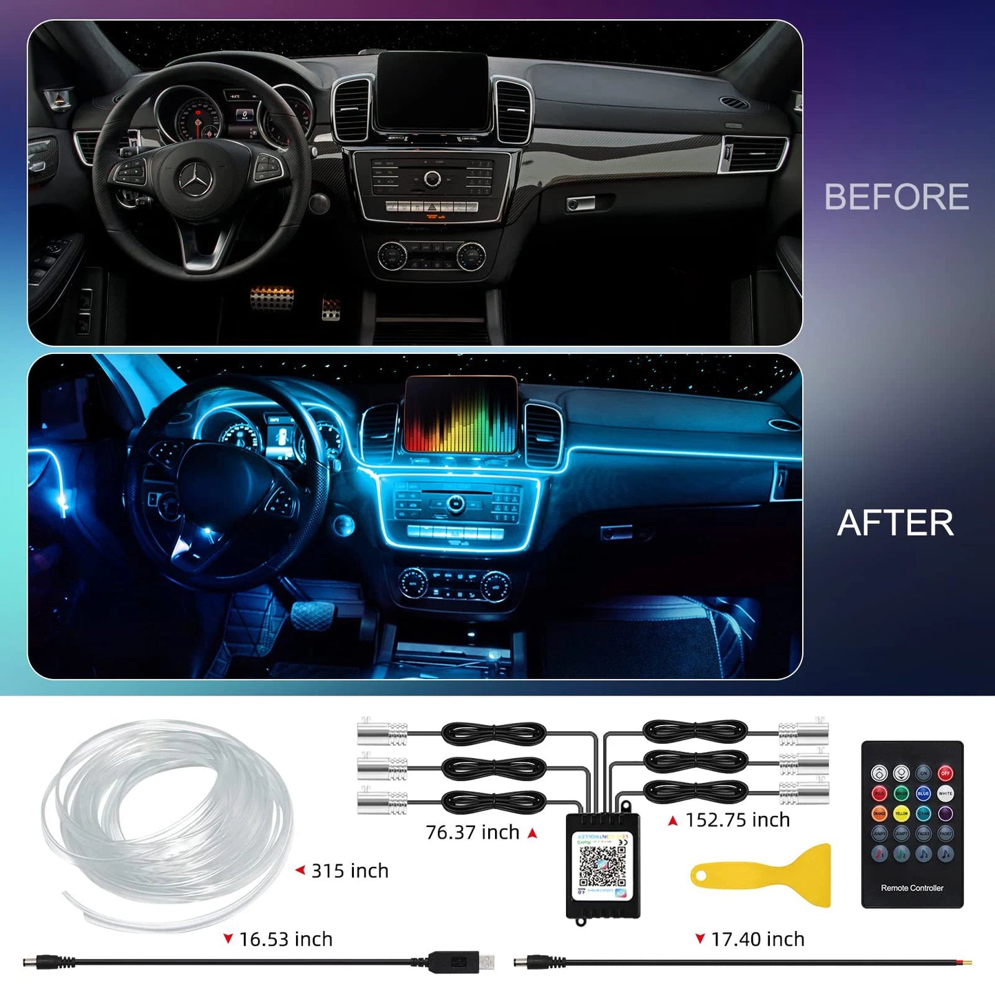 LED Car Interior Ambient Strip Lights RGB Fiber Optic Atmosphere Neon Lighting Kit W/ APP Remote Control Auto Decorative Lamps - Techlyn