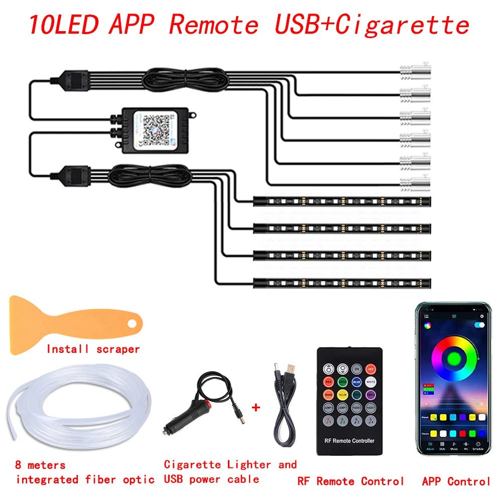 LED Car Interior Ambient Strip Lights RGB Fiber Optic Atmosphere Neon Lighting Kit W/ APP Remote Control Auto Decorative Lamps - Techlyn
