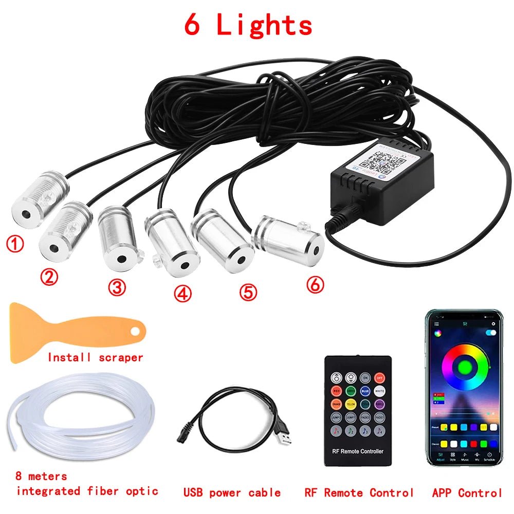 LED Car Interior Ambient Strip Lights RGB Fiber Optic Atmosphere Neon Lighting Kit W/ APP Remote Control Auto Decorative Lamps - Techlyn