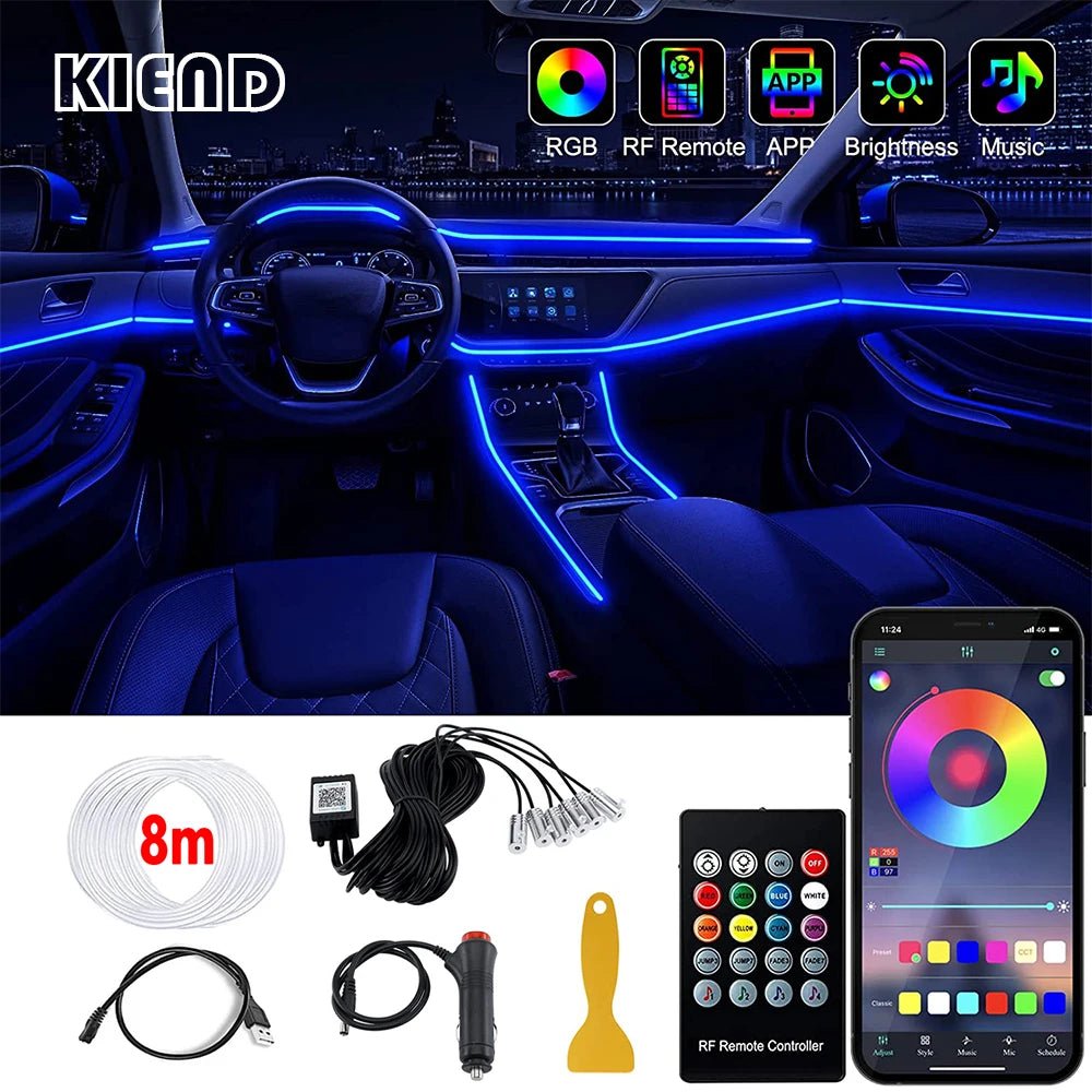 LED Car Interior Ambient Strip Lights RGB Fiber Optic Atmosphere Neon Lighting Kit W/ APP Remote Control Auto Decorative Lamps - Techlyn