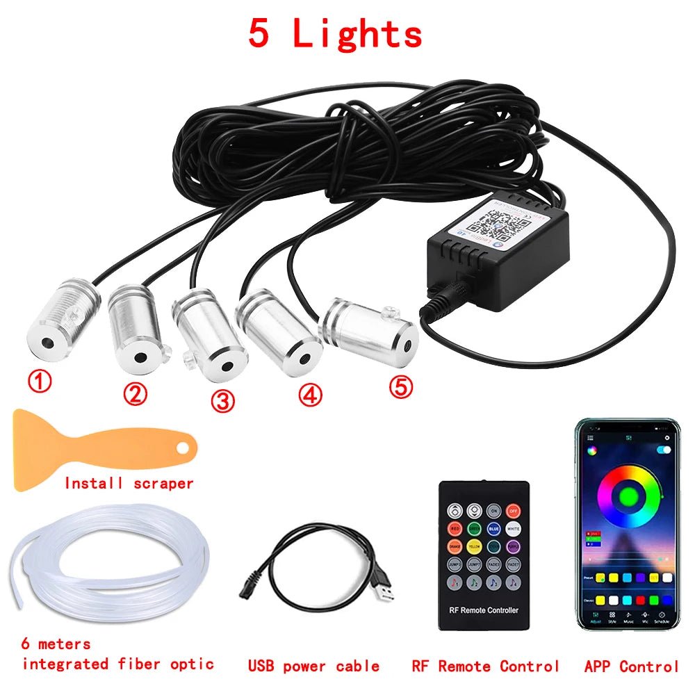 LED Car Interior Ambient Strip Lights RGB Fiber Optic Atmosphere Neon Lighting Kit W/ APP Remote Control Auto Decorative Lamps - Techlyn
