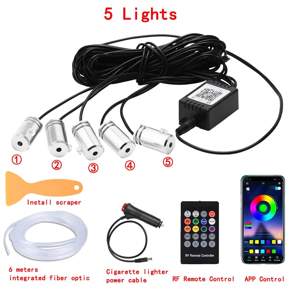 LED Car Interior Ambient Strip Lights RGB Fiber Optic Atmosphere Neon Lighting Kit W/ APP Remote Control Auto Decorative Lamps - Techlyn