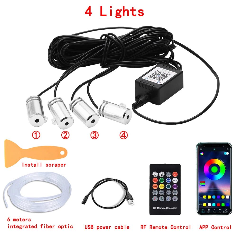 LED Car Interior Ambient Strip Lights RGB Fiber Optic Atmosphere Neon Lighting Kit W/ APP Remote Control Auto Decorative Lamps - Techlyn