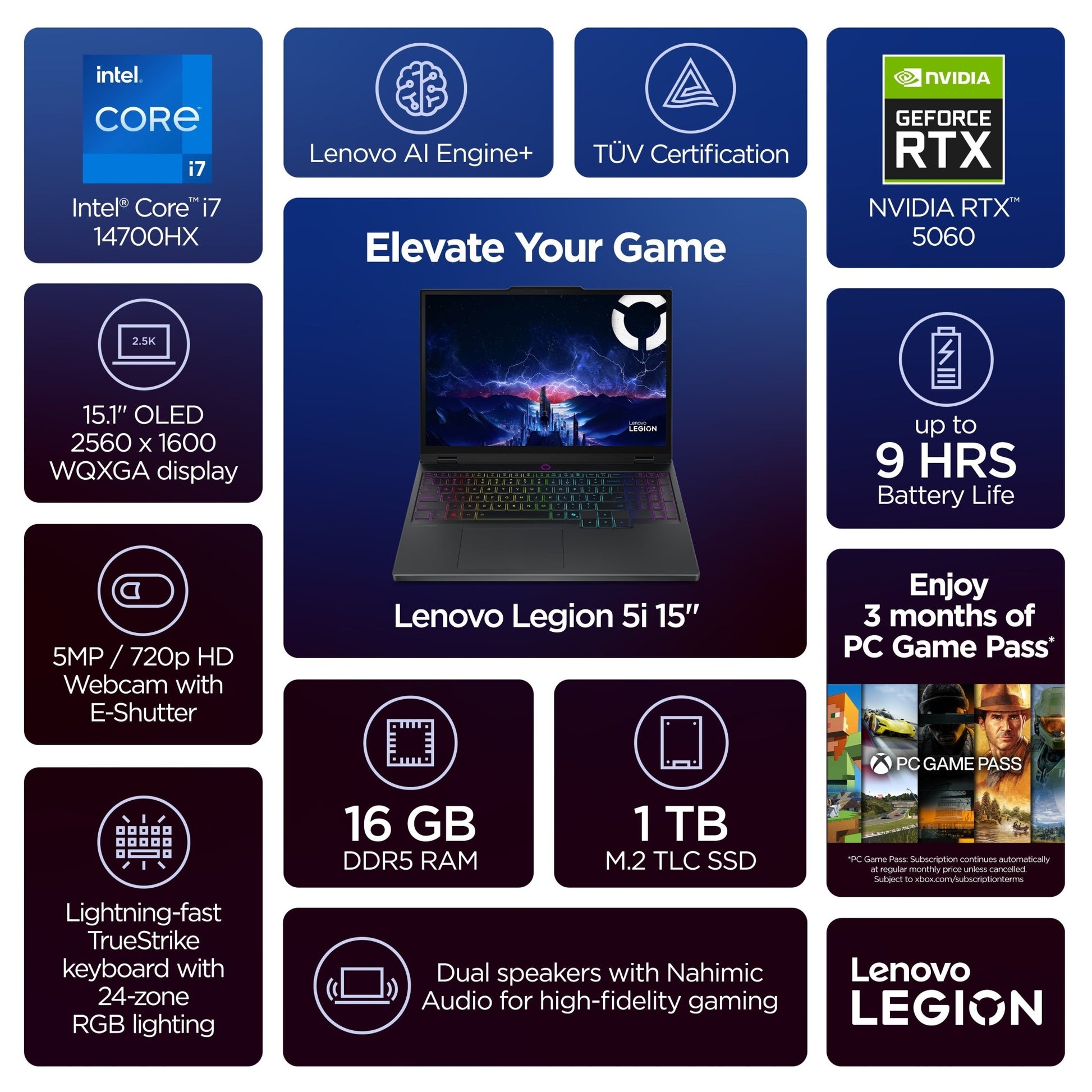 Legion 5I 15.1" OLED WQXGA Laptop, Intel Core I7 14700HX, 16GB RAM, 1TB SSD, NVIDIA® Geforce RTX™ 5060 - Techlyn