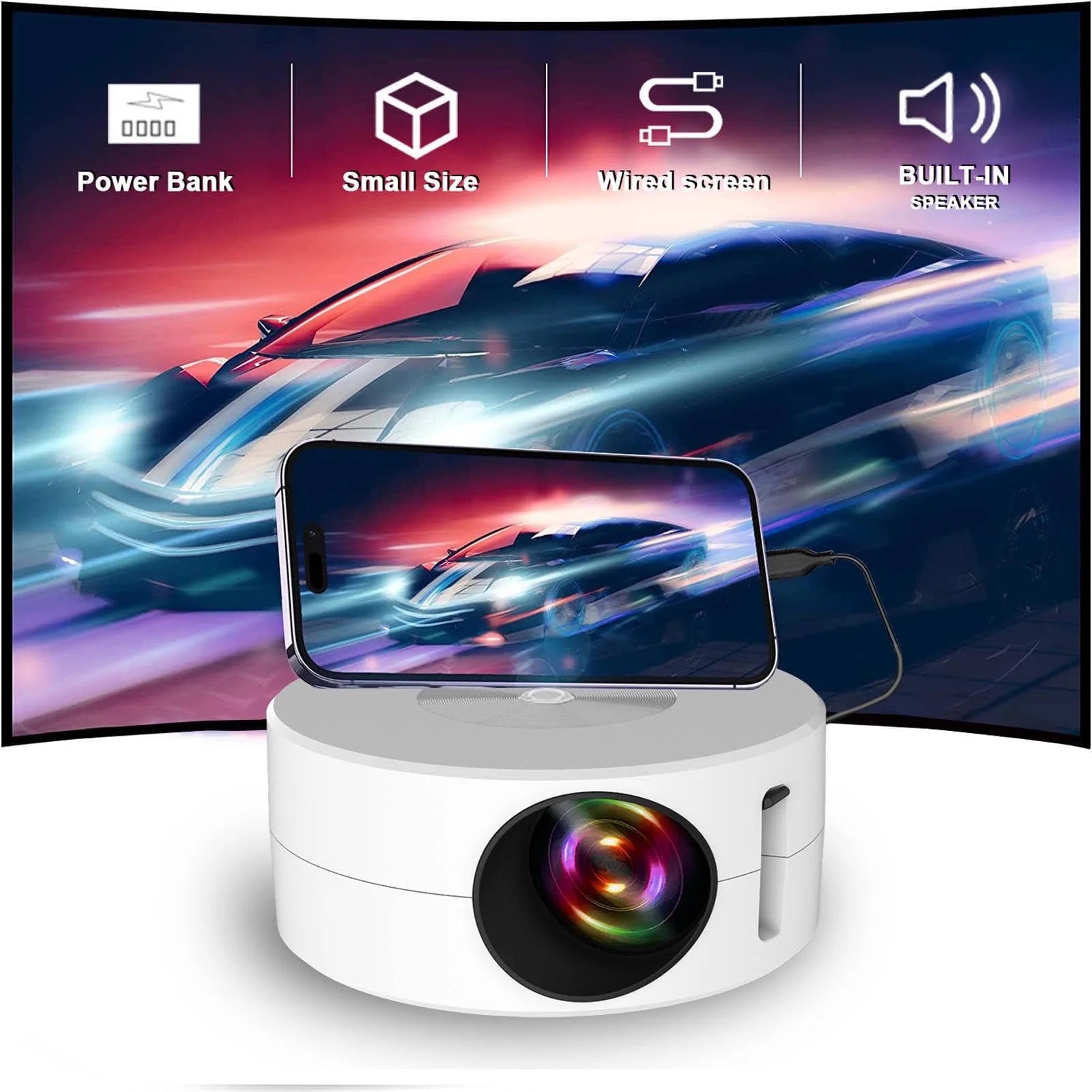 Mini Projector with Wifi and Bluetooth, 1080P Projector Portable Movie Projector for Home Theater/Outdoor, 9500 Lumens Multimedia Home Video Projector, Full Wired Same Screen Phone - White - Techlyn