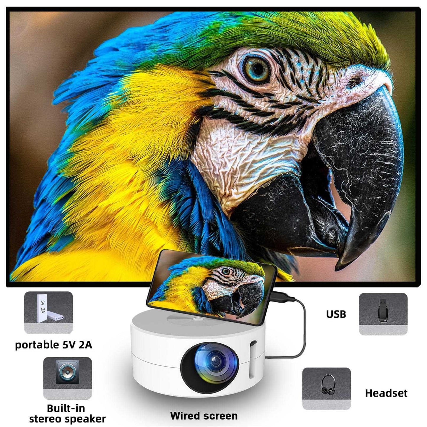 Mini Projector with Wifi and Bluetooth, 1080P Projector Portable Movie Projector for Home Theater/Outdoor, 9500 Lumens Multimedia Home Video Projector, Full Wired Same Screen Phone - White - Techlyn