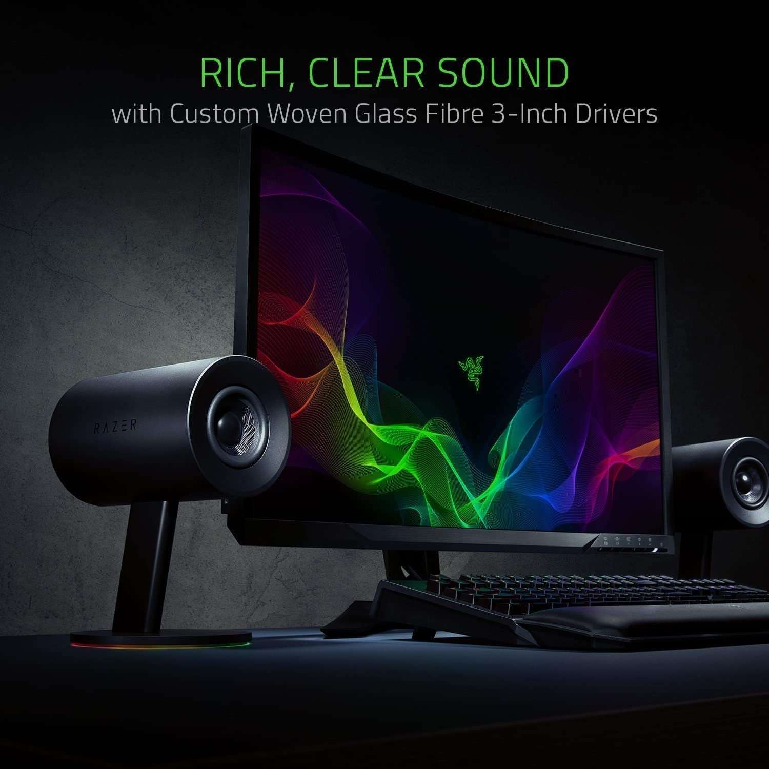 Nommo Chroma: Custom Woven 3" Glass Fiber Drivers - Rear - Facing Bass Ports - Bass Knob W/Automatic Gain Control Chroma Enabled - Full Range 2.0 PC Gaming Speakers, Black - Techlyn
