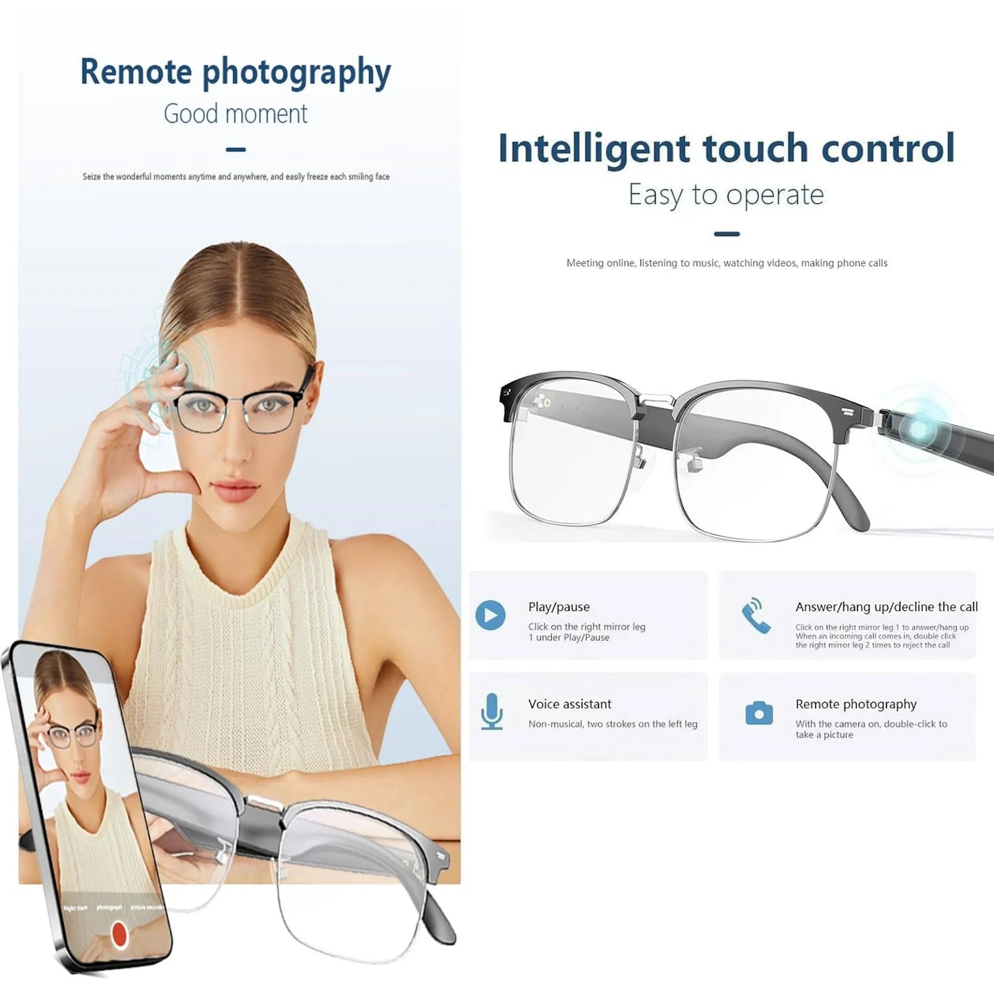 Smart Glasses with Ai,Metal Smart Glasses with 144+ Languages Real - Time Translation, Touch Control, Voice Assistant, Anti - Blue Light, Smart Music Glasses for Business, Travel & Students (Black) - Techlyn