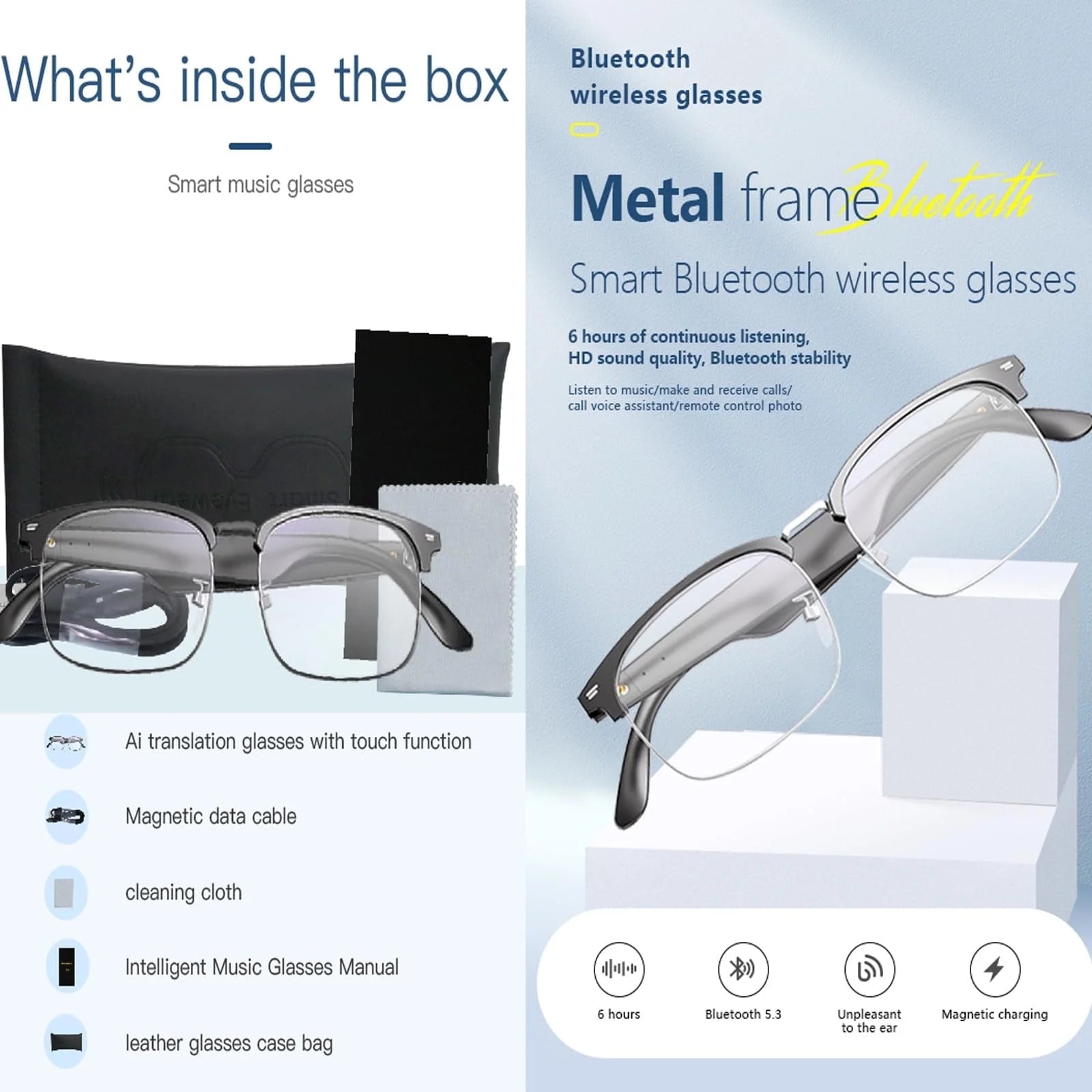 Smart Glasses with Ai,Metal Smart Glasses with 144+ Languages Real - Time Translation, Touch Control, Voice Assistant, Anti - Blue Light, Smart Music Glasses for Business, Travel & Students (Black) - Techlyn