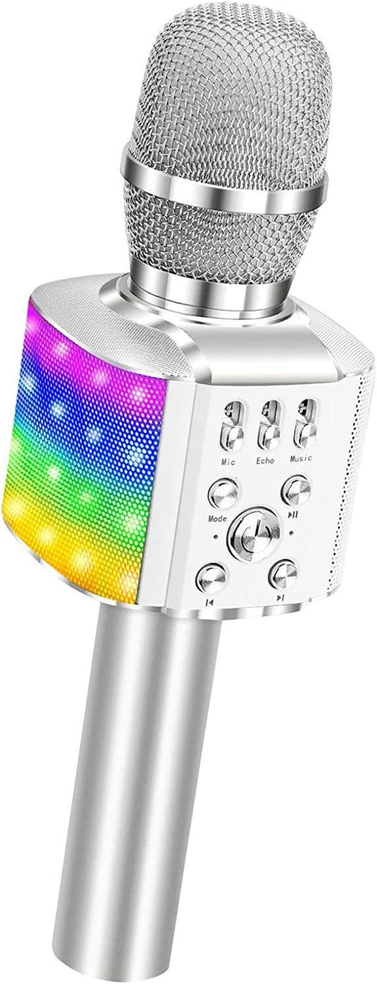 Wireless Bluetooth Karaoke Microphone with Controllable LED Lights, 4 in 1 Portable Karaoke Machine Mic Speaker, Birthday Holiday Party Gifts for Kids & Adults(Q36 Silver) - Techlyn