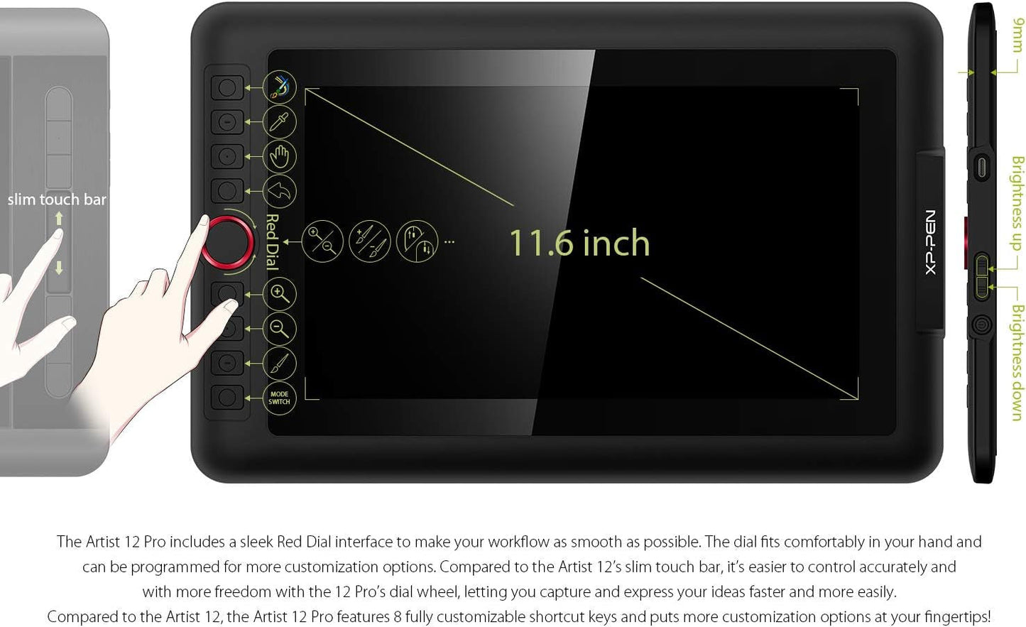 Xppen Artist12 Pro 11.6" Drawing Tablet with Screen Pen Display Full - Laminated Graphics Tablet with Tilt Function Battery - Free Stylus and 8 Shortcut Keys(8192 Levels Pen Pressure and 72% NTSC) - Techlyn